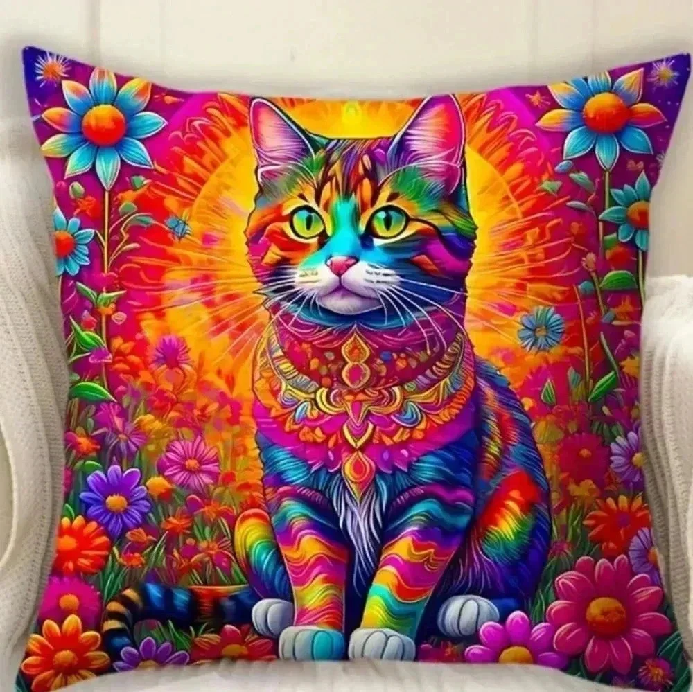 Pillow Cover Cat Psychedelic Kitten Yoga Zen Floral Rainbow Colorful New